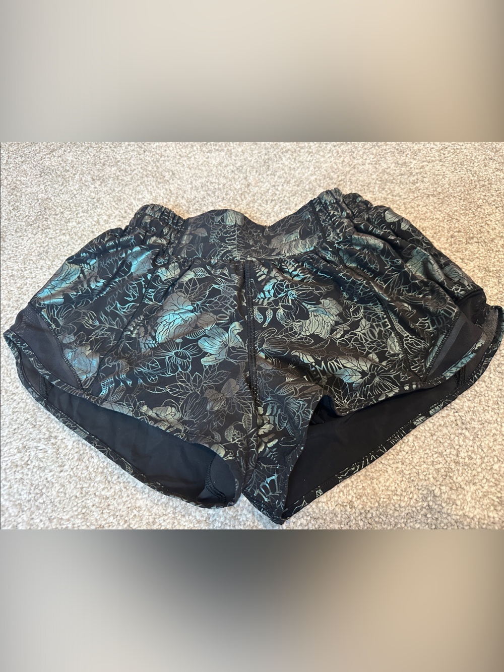 lululemon athletica Black Shorts with Teal Floral Print